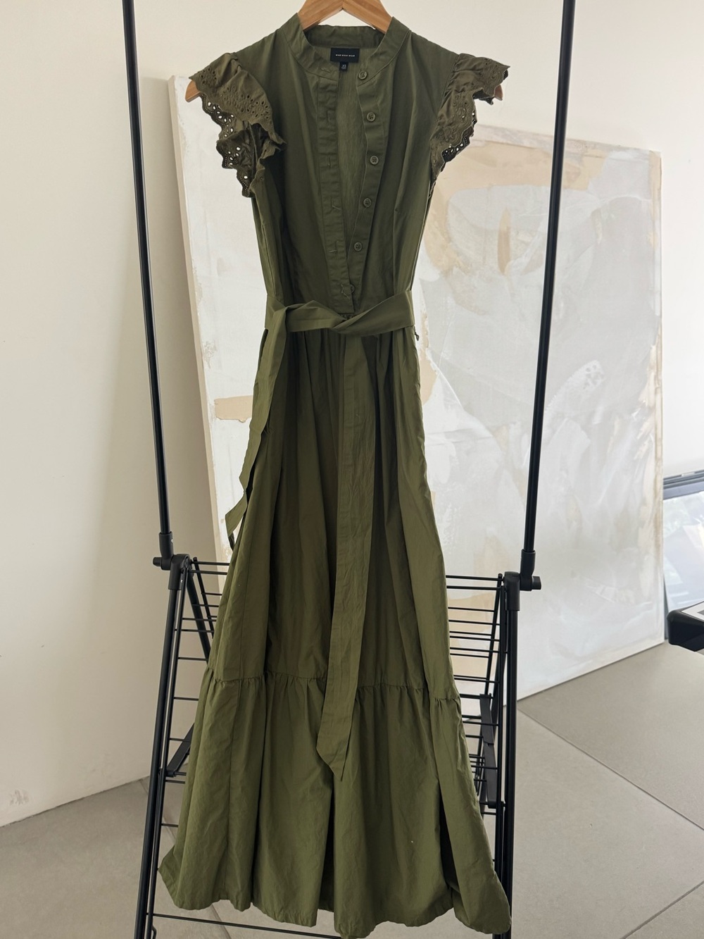 Olive Green Eyelet Sleeve Maxi Dress with pockets and Waist Tie